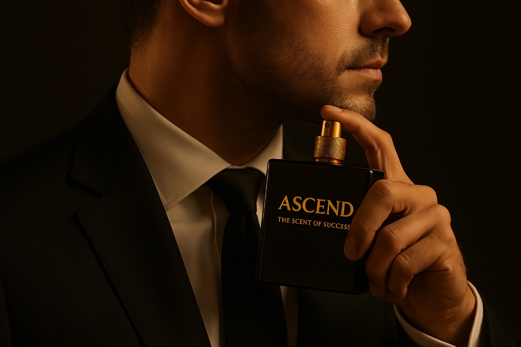 Mann im Anzug sprüht ASCEND Parfüm elegant auf seinen Hals